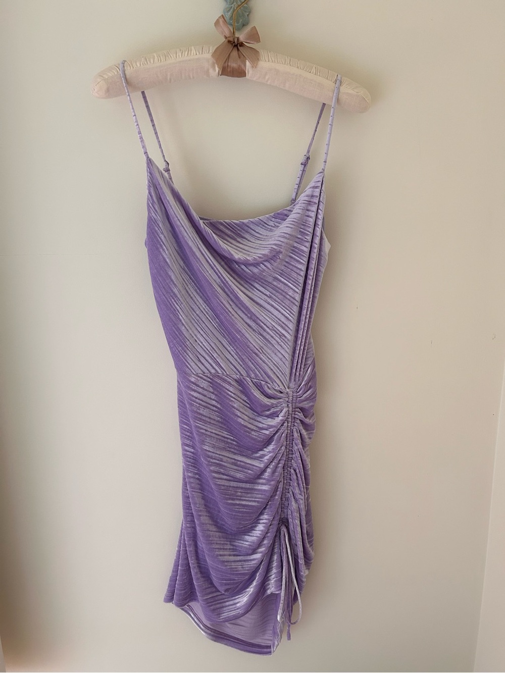 Jonathan Simkhai “Michelle” Lilac Crushed Velvet Ruched Mini Dress  
Size: S
NWT